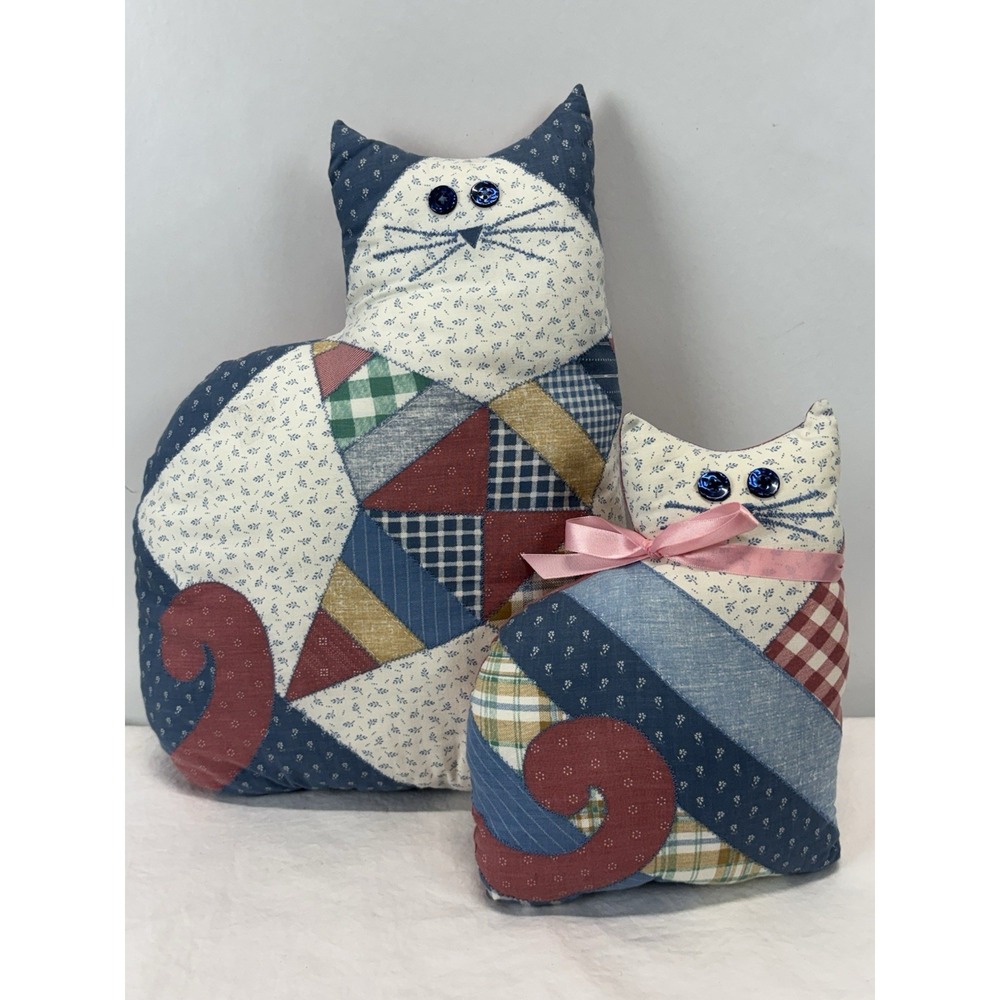 Vtg Cat Patchwork Quilted Pillows *Set Of 2* Cat Kitten Cottage Kitschy Granny